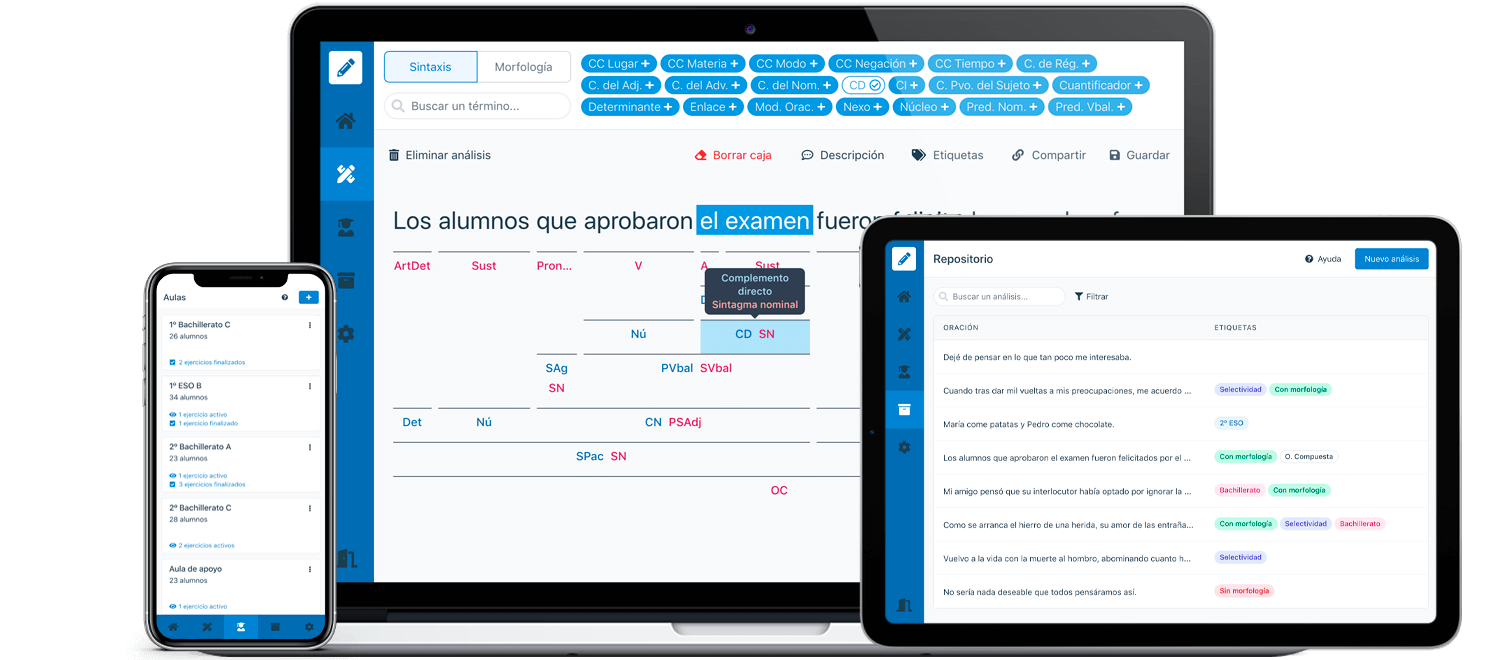 La interfaz de la aplicación se muestra en diferentes dispositivos: de izquierda a derecha, en un smartphone, en un ordenador portátil y en una tablet.